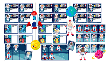 Lesmateriaal badges astronauten: met naam - gekleurde achtergrond van auteur Little Play Friends slide 1