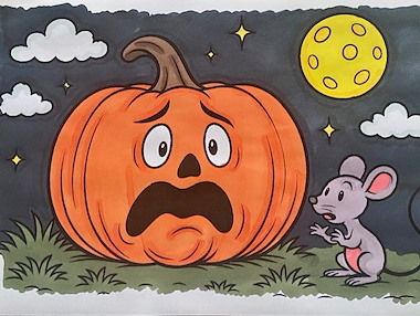 Lesmateriaal Kleurplaat: Halloween-pompoen schrikt van muis van auteur Kleurplaat meester slide 2