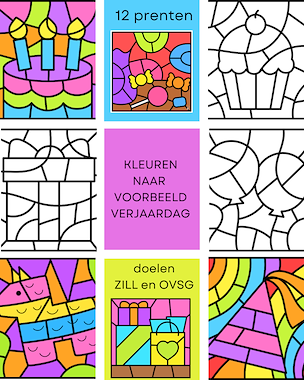 Lesmateriaal Kleuren naar voorbeeld thema verjaardag van auteur Little Play Friends slide 1