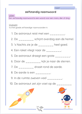 Lesmateriaal zelfstandig naamwoord, thema ruimte van auteur Juf Kitty B slide 2