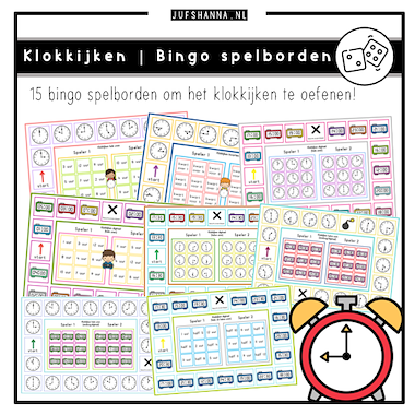Lesmateriaal Klokkijken | 15 Bingo spelborden van auteur Juf Shanna