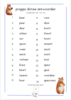 Lesmateriaal propjes dictee woorden met -eer, -oor, -eur van auteur Juf Kitty B slide 4