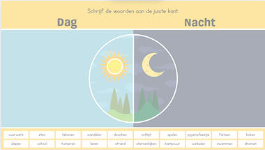 Dag en nacht: schrijf de woorden aan de juiste kant