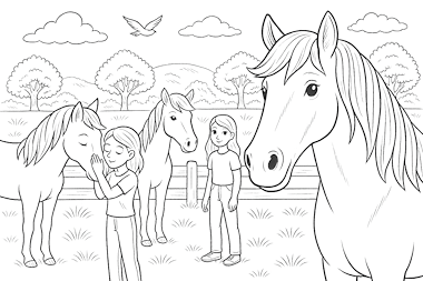 Lesmateriaal Kleurplaat: 3 paarden in de wei met twee kinderen van auteur Kleurplaat meester
