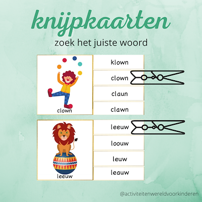 Lesmateriaal Circus - knijpkaarten - zoek het juiste woord van auteur Nanny Melissa
