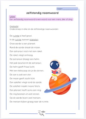 Lesmateriaal zelfstandig naamwoord, thema ruimte van auteur Juf Kitty B slide 1