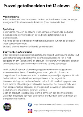 Lesmateriaal 12 puzzels met getalbeelden (clown) van auteur de beweegjuf slide 3