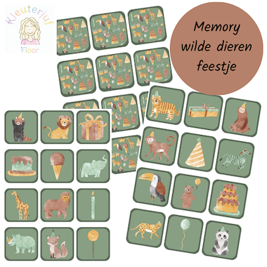Lesmateriaal Wilde dieren, dierentuin feestje aquarel memory van auteur Kleuterjuf_floor slide 1
