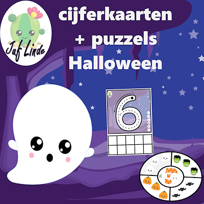 Lesmateriaal cijferkaarten + puzzels Halloween van auteur juf Linde