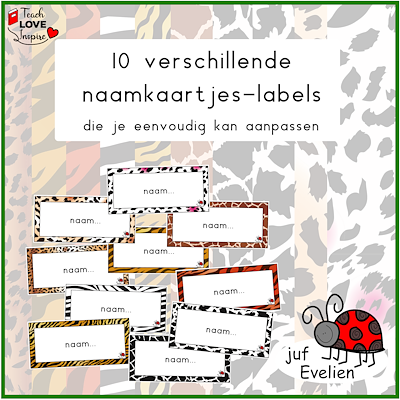 Lesmateriaal 10x10 naamkaartjes dierenenprint van auteur juf Evelien