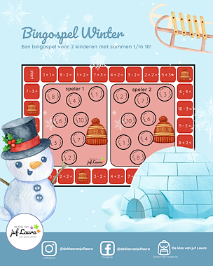 Lesmateriaal Winter - Bingospel voor 2 - Plus- en minsommen t/m 10 van auteur De klas van juf Laura slide 2