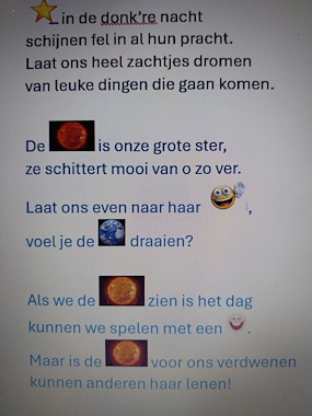 lesmateriaal versje thema sterren en planeten  van auteur Juf Emma Merchie