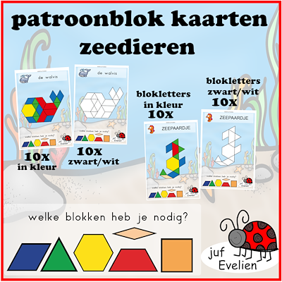 Lesmateriaal patroonblok kaarten zeedieren van auteur juf Evelien