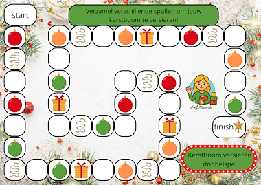 Lesmateriaal Kerst: kerstboom versieren dobbelspel van auteur De kleuters van juf Naomi