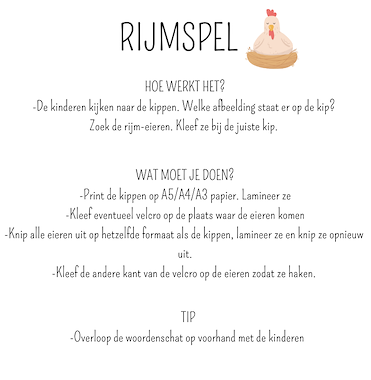 Lesmateriaal Rijmspel kip en haar eieren BLOKLETTERS van auteur juf Tinne