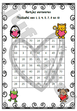 Lesmateriaal Maaltafelspel hartjes veroveren tafels van 1,2,4,5,7,8 en 10 van auteur De monsterklas van Juf Liesl