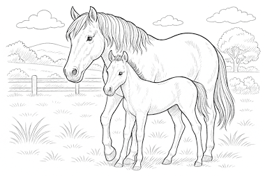 Lesmateriaal Kleurplaat paard met veulen – Liefdevolle scène te kleuren van auteur Kleurplaat meester
