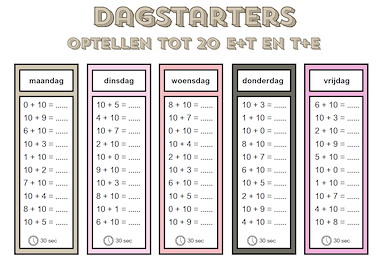 Lesmateriaal Dagstarters optellen tot 20: T+E, E+T en gemengd van auteur Malieza