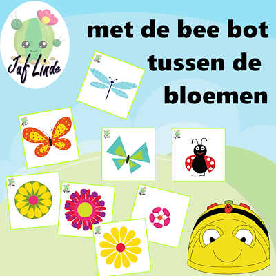 Lesmateriaal met de bee bot tussen de bloemen van auteur juf Linde