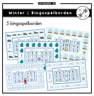 Lesmateriaal Thema winter > 5 bingospelborden (getallen en getalbeelden) van auteur Juf Shanna