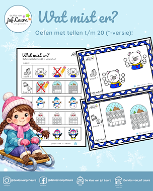 Lesmateriaal Winter - Wat mist er? - Tellen t/m 20 (*-versie) van auteur De klas van juf Laura