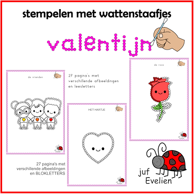 Lesmateriaal stempelen met wattenstaafjes thema: valentijn van auteur juf Evelien