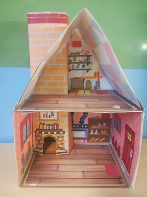 Lesmateriaal Pietenpakhuis bouwset met kartonnen dozen A4-papier van auteur juf Vicky derde kleuterklas