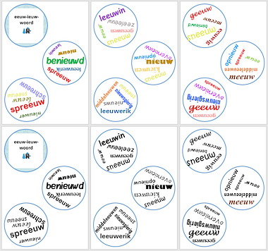 Lesmateriaal Dobble-spel met -eeuw en -ieuw woorden. van auteur Janet Baptist