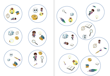 Lesmateriaal Dobble - de Magische Bibliotheek - 4 afbeeldingen per kaart van auteur Lessen en Illustraties Elles slide 1