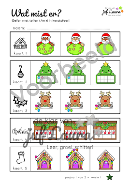 Lesmateriaal Kerst - Wat mist er? - Tellen t/m 6 (*-versie) van auteur De klas van juf Laura slide 3