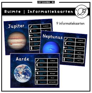 Lesmateriaal Thema ruimte | 9 informatiekaarten (planeten) van auteur Juf Shanna