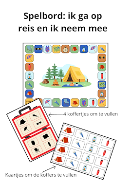 Lesmateriaal Thema kamperen: spelbord: ik ga op reis en ik neem mee van auteur Juf EvVa