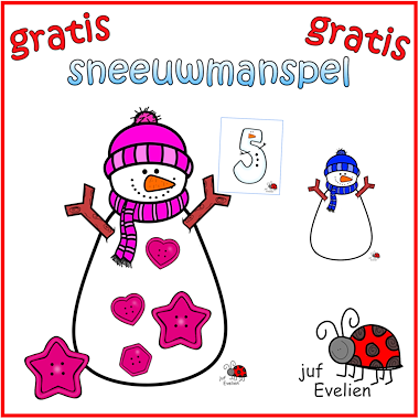 Lesmateriaal sneeuwman knopen en kleuren spel van auteur juf Evelien