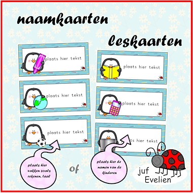 Lesmateriaal naamkaarten en/of leskaarten met een pinguin van auteur juf Evelien