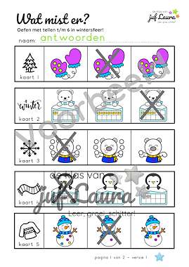 Lesmateriaal Winter - Wat mist er? - Tellen t/m 6 (*) van auteur De klas van juf Laura slide 3