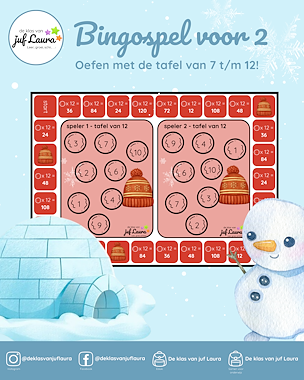Lesmateriaal Winter - Bingospel voor 2 - Tafel van 7 t/m 12 van auteur De klas van juf Laura slide 1