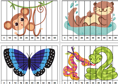 Lesmateriaal Getalrij puzzel sprongen van 2,3,4,5 ... dieren. van auteur Juf ilona