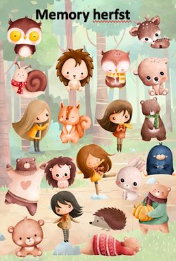 Lesmateriaal Memory: het bos - kindjes-dieren-blaadjes-bomen van auteur Little Play Friends