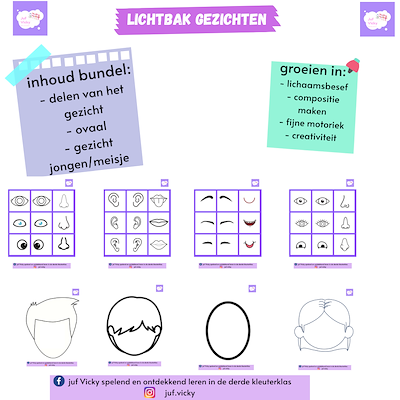 Lesmateriaal Lichtbak gezichten  van auteur juf Vicky derde kleuterklas