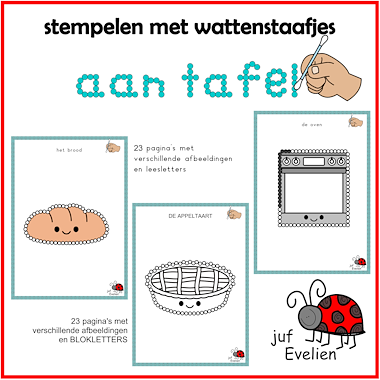Lesmateriaal stempelen met wattenstaafjes thema: aan tafel van auteur juf Evelien