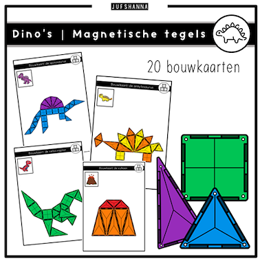 Lesmateriaal Thema Dino | 20 bouwkaarten magnetische tegels van auteur Juf Shanna slide 1