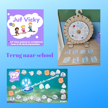 Lesmateriaal Terug naar school: draairad en memorie en gezelschapsspel van auteur juf Vicky derde kleuterklas