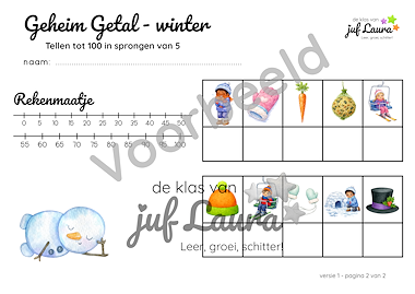 Lesmateriaal Winter - Geheim Getal - Tellen tot 100 in sprongen van 5 van auteur De klas van juf Laura slide 3