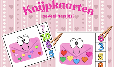 Lesmateriaal Thema Valentijn: Knijpkaarten-hoeveel hartjes? van auteur Juf Katy