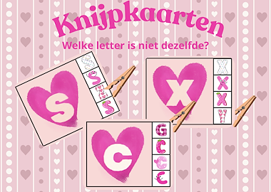 Lesmateriaal Thema valentijn:knijkaarten- letters van auteur Juf Katy