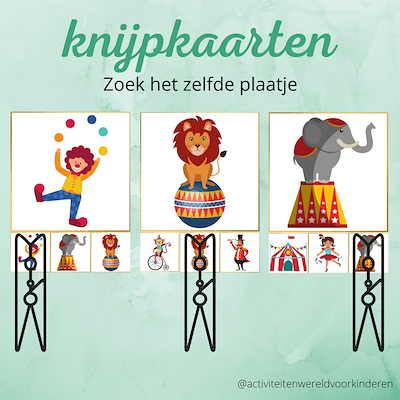 Lesmateriaal Circus - Knijpkaarten - zoek het zelfde plaatje van auteur Nanny Melissa