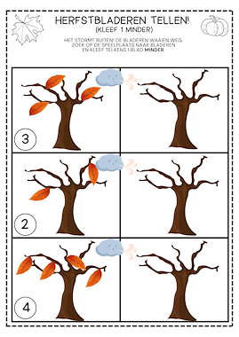 Lesmateriaal Bewegend leren: herfstbladeren tellen (1 minder) van auteur Kleuterwereld slide 1