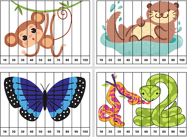 Lesmateriaal Sprongen van 10 puzzels. thema dieren van auteur Juf ilona