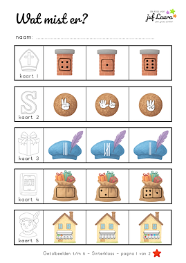 Lesmateriaal Wat mist er - Getalbeelden t/m 6 - Sinterklaas van auteur De klas van juf Laura slide 2