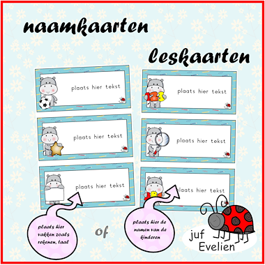 Lesmateriaal naamkaarten en/of leskaarten met nijlpaarden van auteur juf Evelien